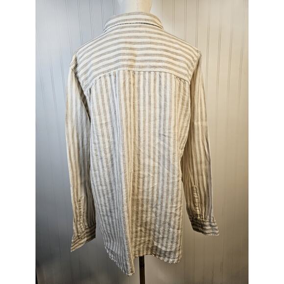 L.L Bean 100% Linen Striped Button Down Shirt Women's Size L Nautical Preppy - Picture 7 of 13